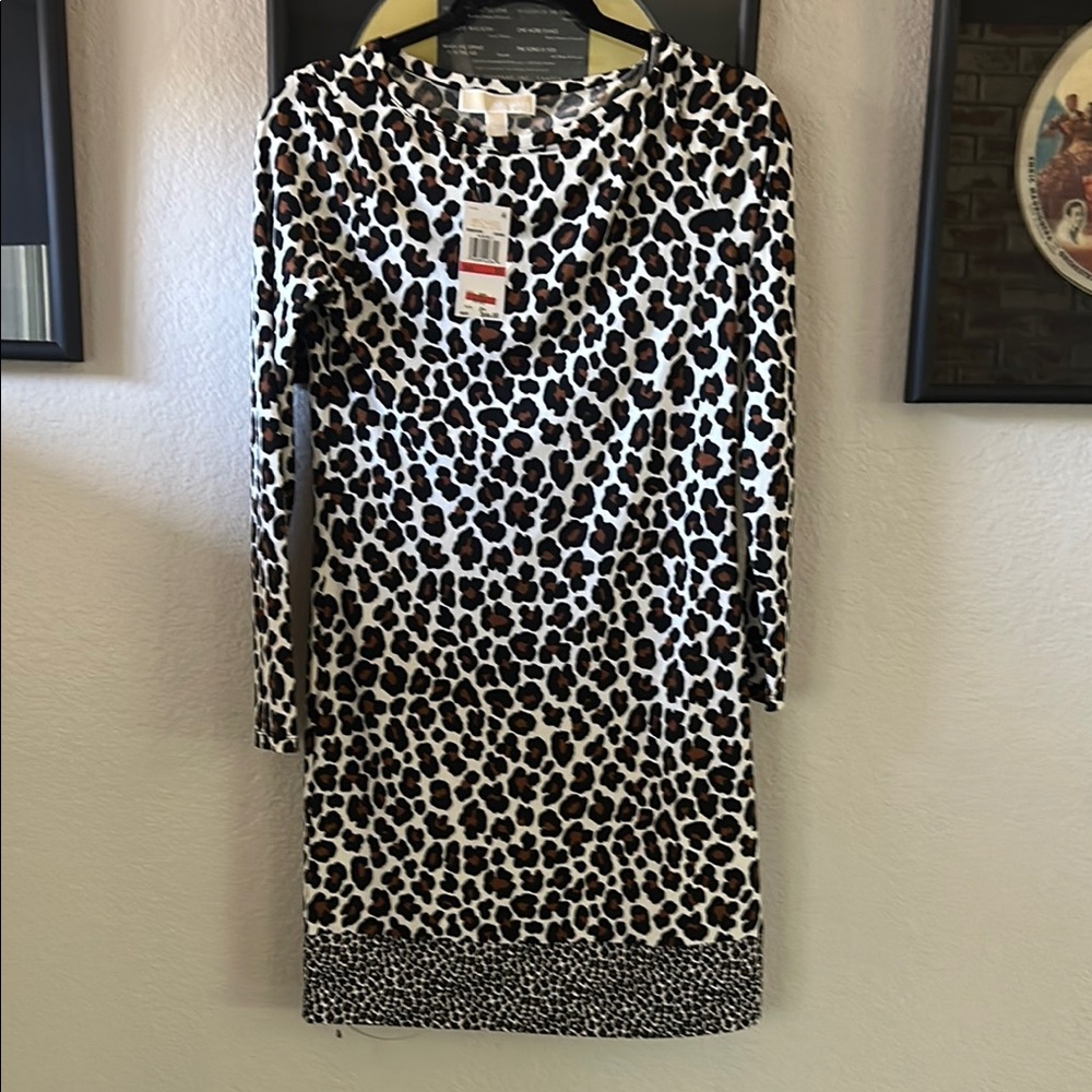 NWT - Michael Kors Animal Print Sheath Dress Long Sleeve Bateau Neckline